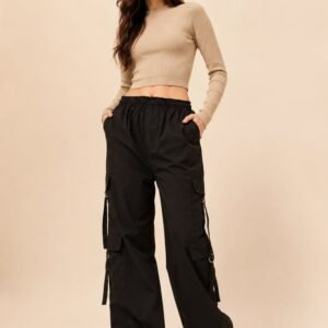 Stiner Women Black Wide Leg Cargo Pants | Multi Pocket Utility Cargo